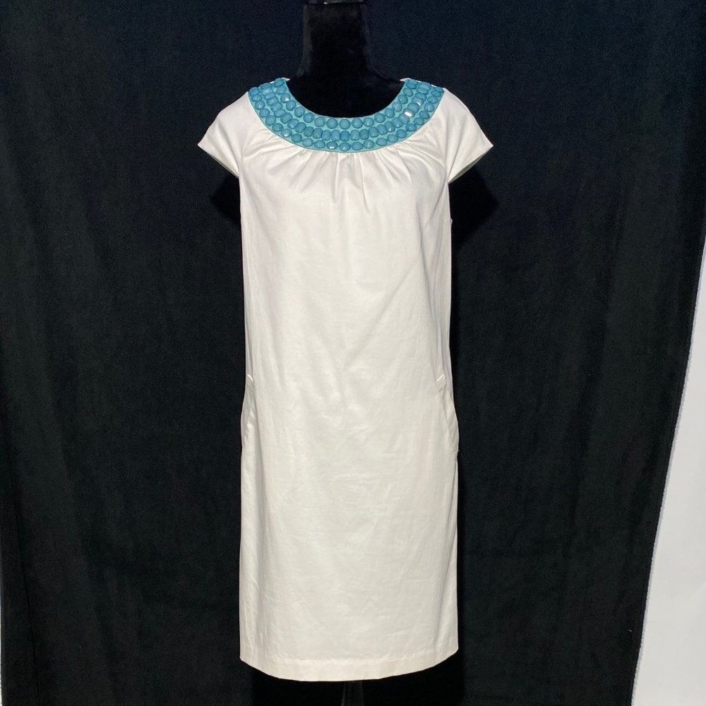 Bigio Collection 8 Dress Shift Bubble Bead Embellish‎ White Turquoise Bead Mesh